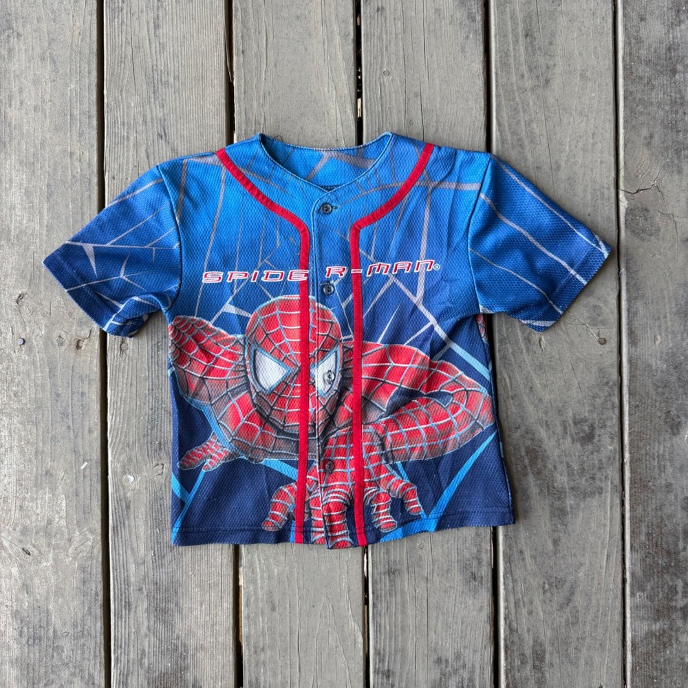 Spider-Man Marvel Kids Blue Baseball Jersey Button Up Shirt Mesh Graphic Sz 5/6